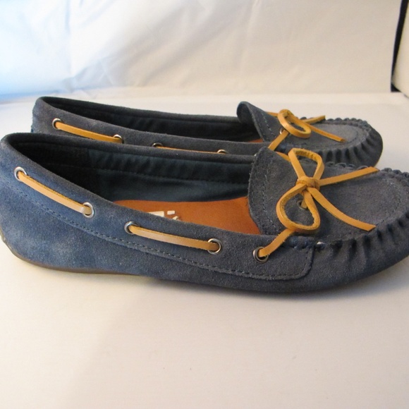 blue leather moccasins